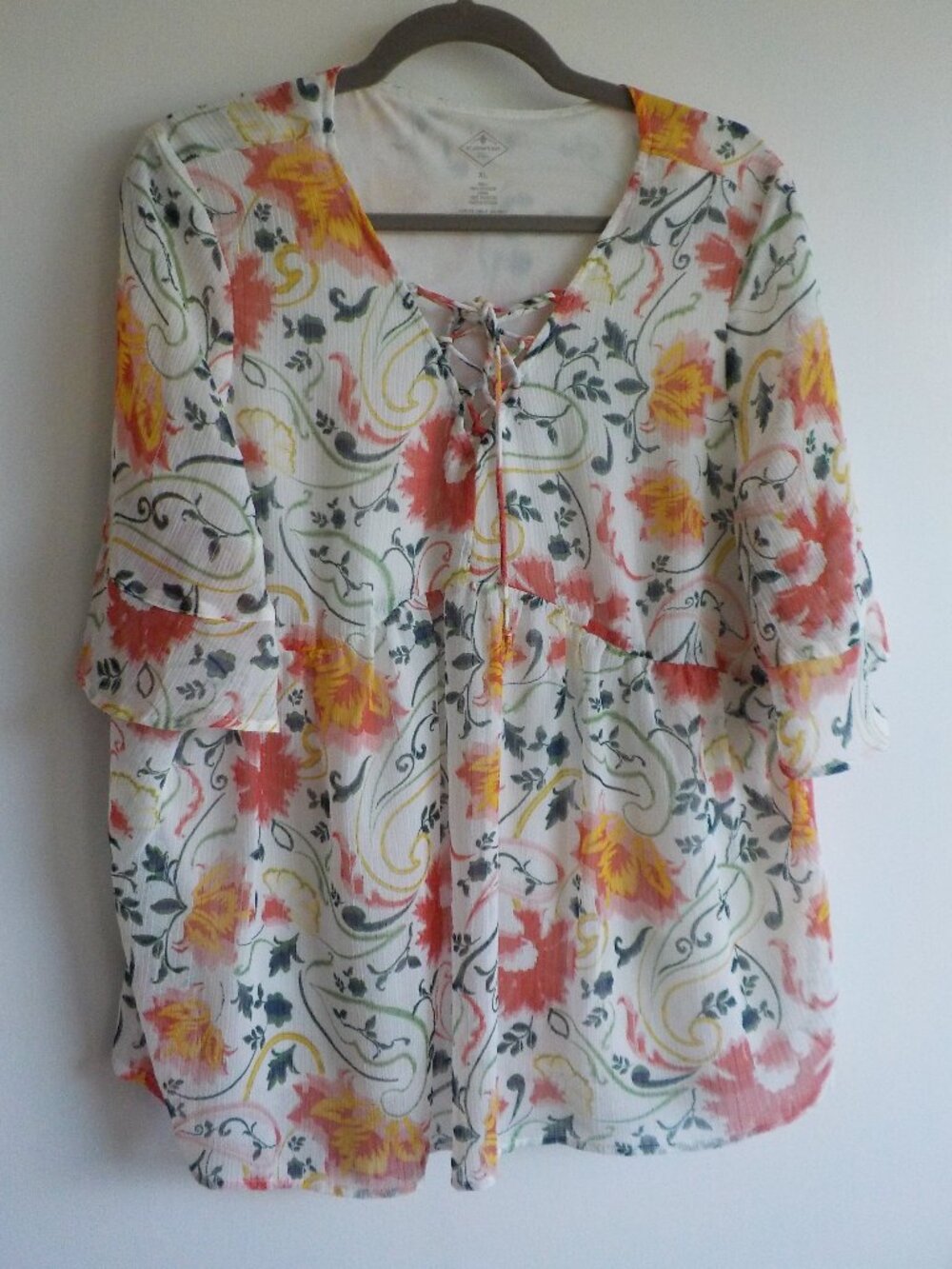 St. John's Bay Blouse - X-Large - Floral White Boho Short Sleeve Lined (2491)